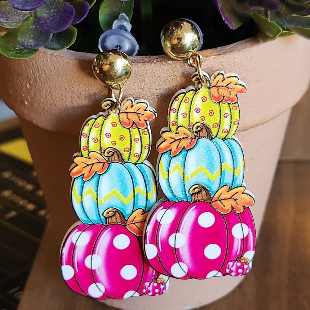 Colorful Stacked Pumpkin Dangle Earrings Pink Teal Green Fall Halloween Novelty
